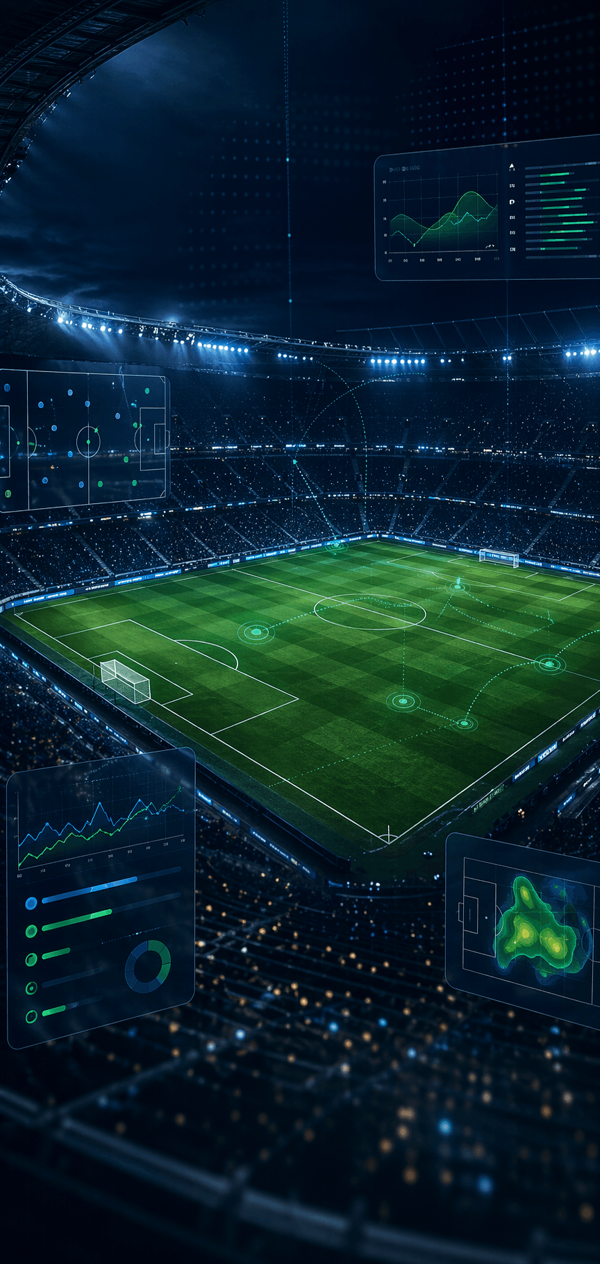 Estádio com painéis analíticos e leitura tática em tempo real